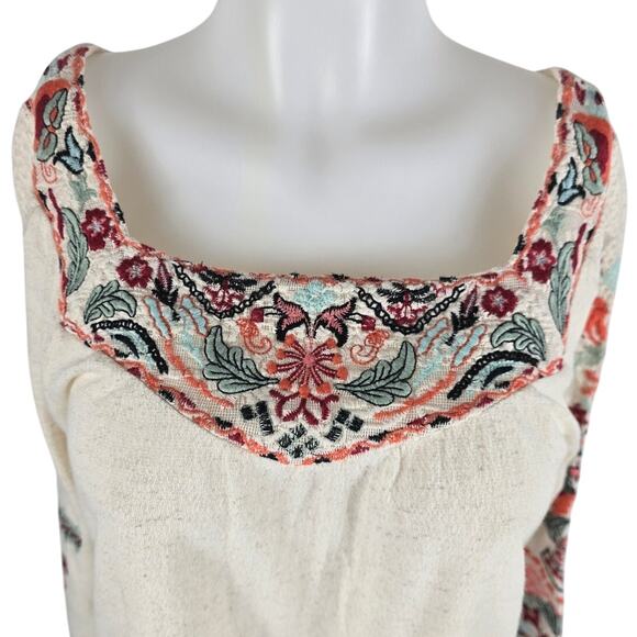 Soft Surroundings Linen Blend Tan Embroidered Flowers Women's Blouse S - Picture 2 of 6